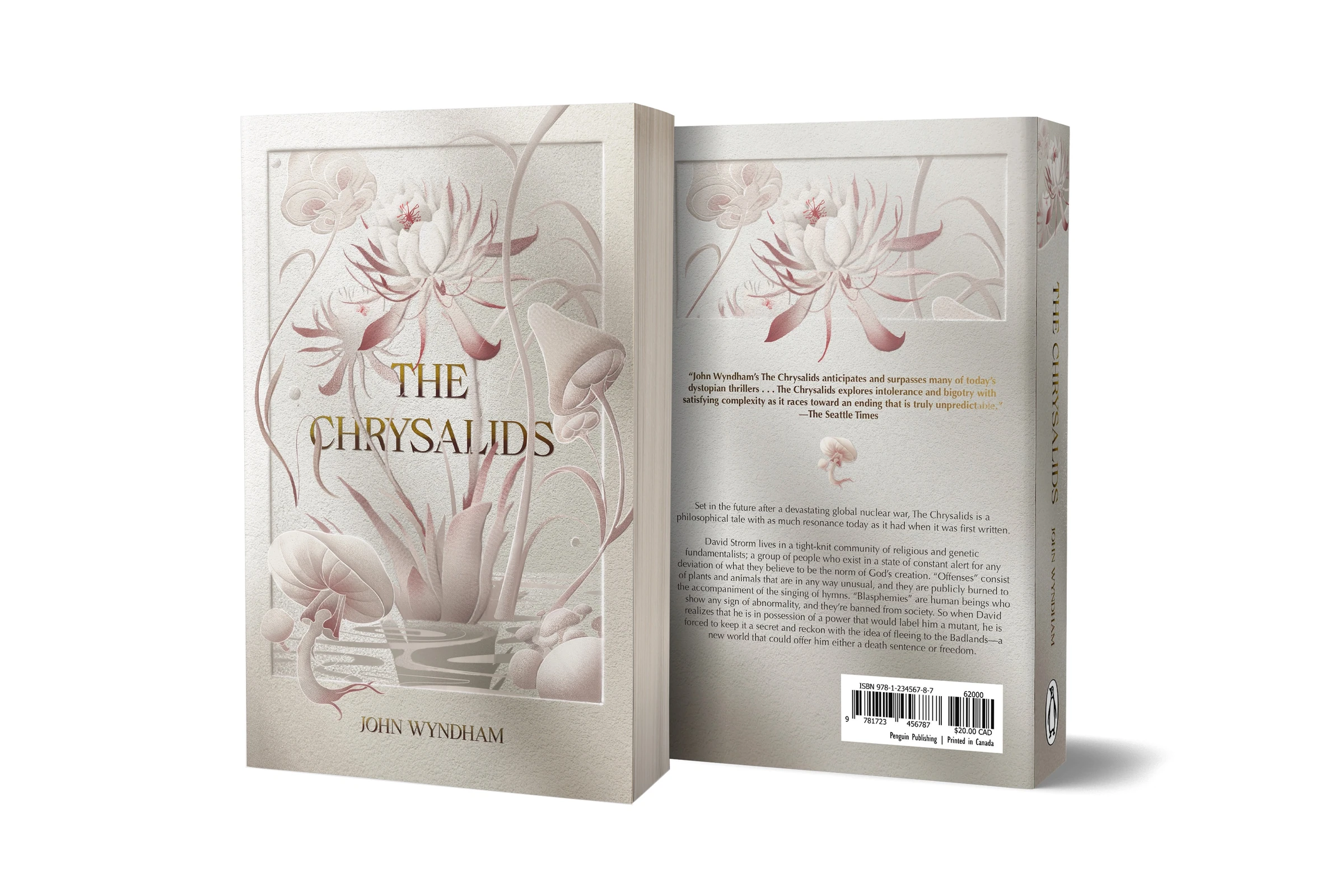 The Chrysalids book cover shown as a front and back book mockup