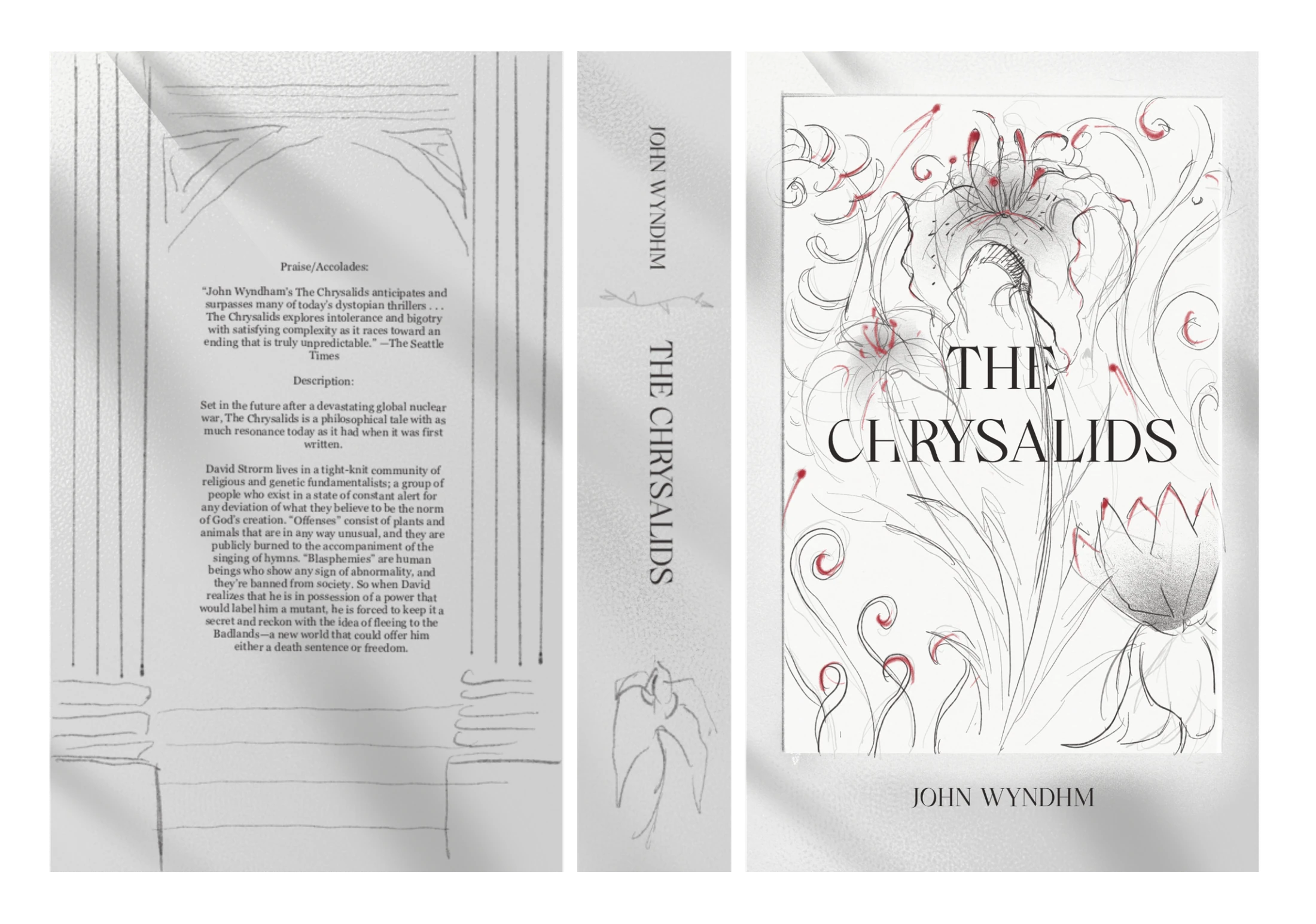 Cover, spine, and back cover sketch development for The Chrysalids